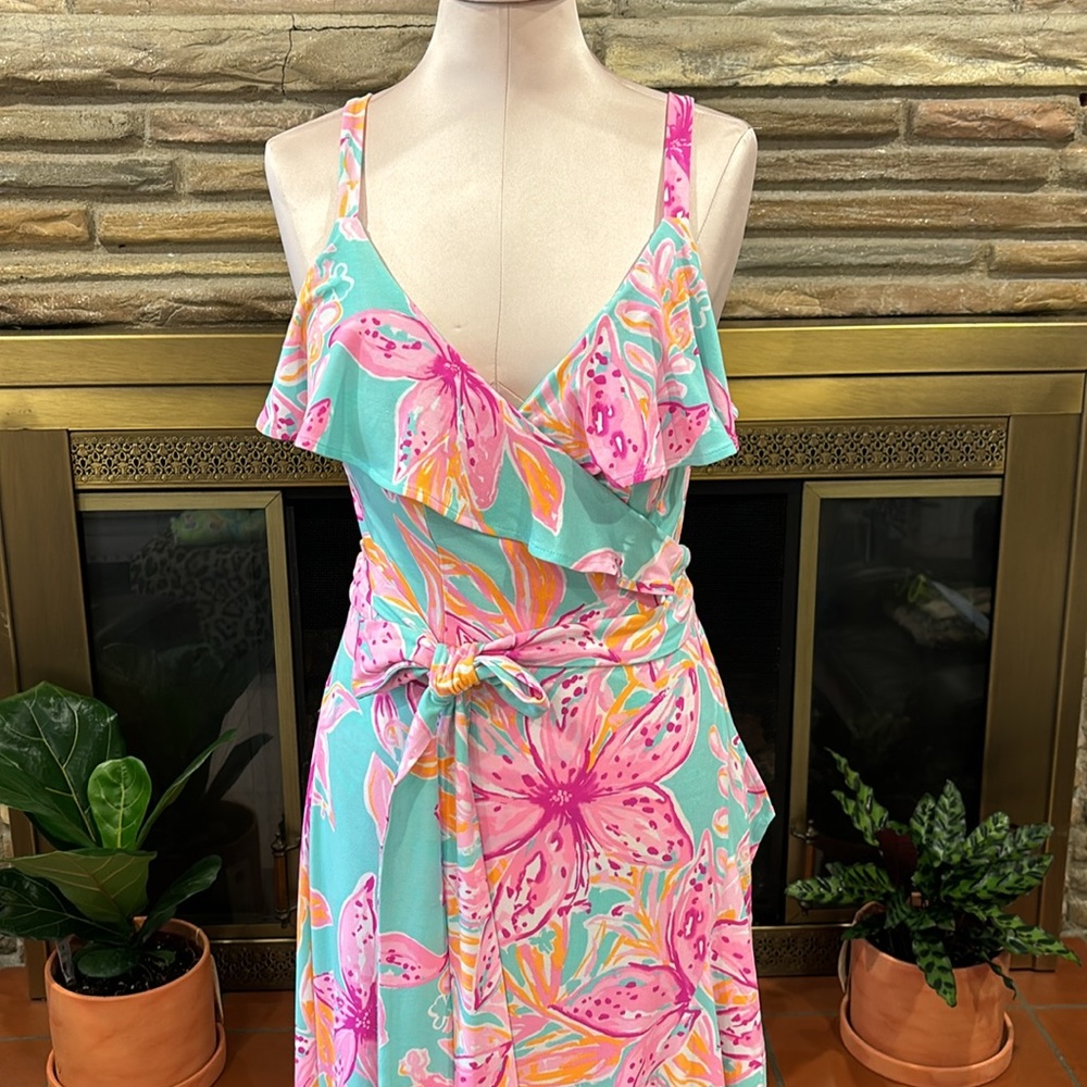 Lilly Pulitzer Fontaine Wrap Dress. Surf Blue Bonita Blooms Size Medium NWT - Picture 4 of 9